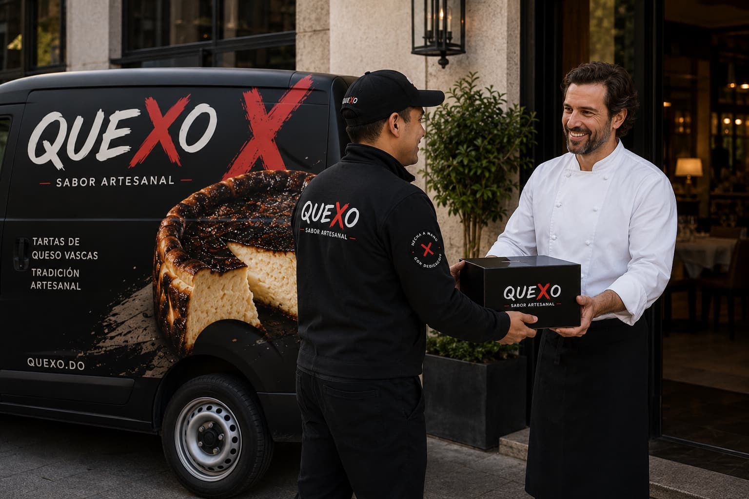 Furgoneta de reparto Quexo rotulada con el logotipo de la marca