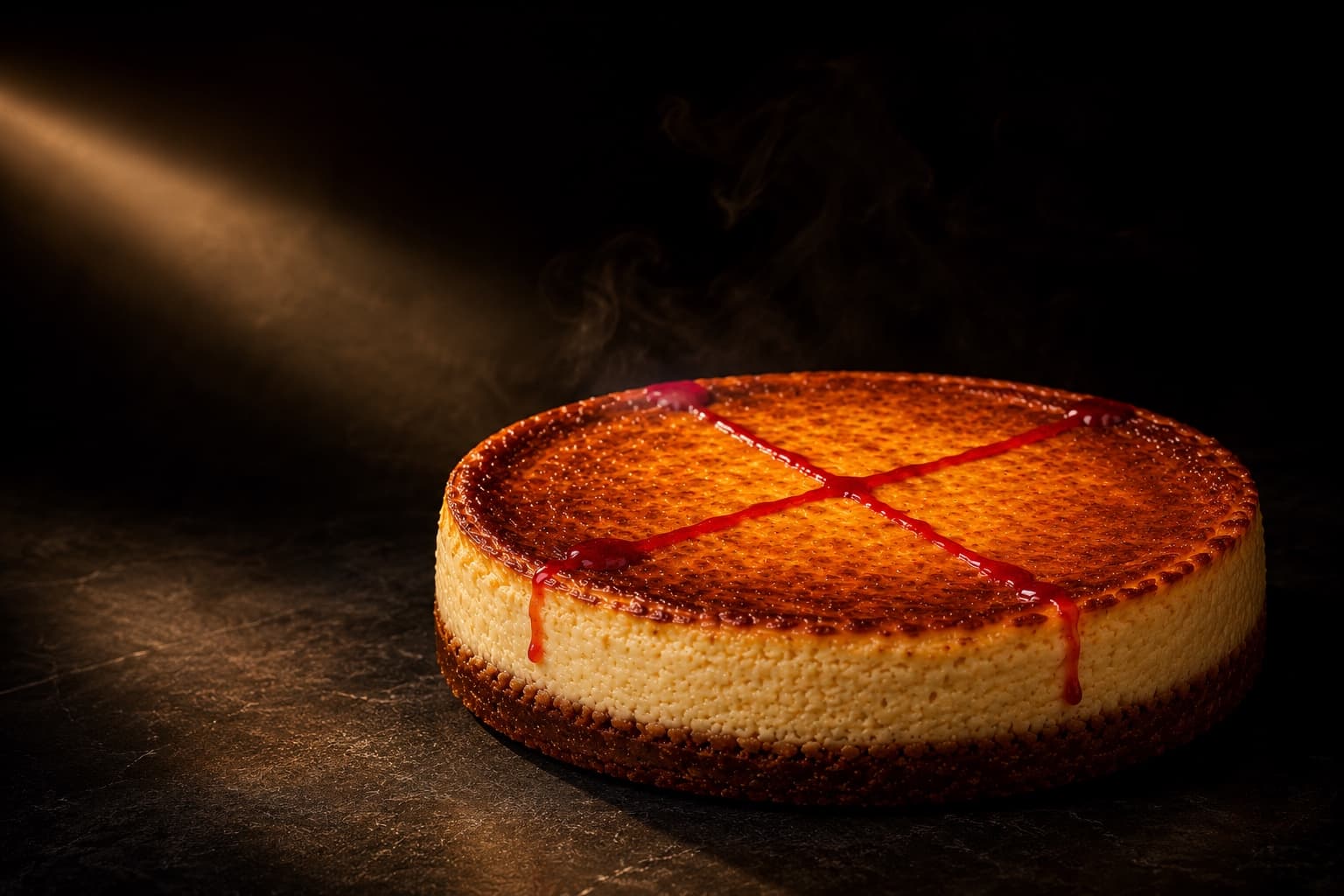 Tarta de queso vasca Quexo entera con la X de fresa e iluminación cinematográfica