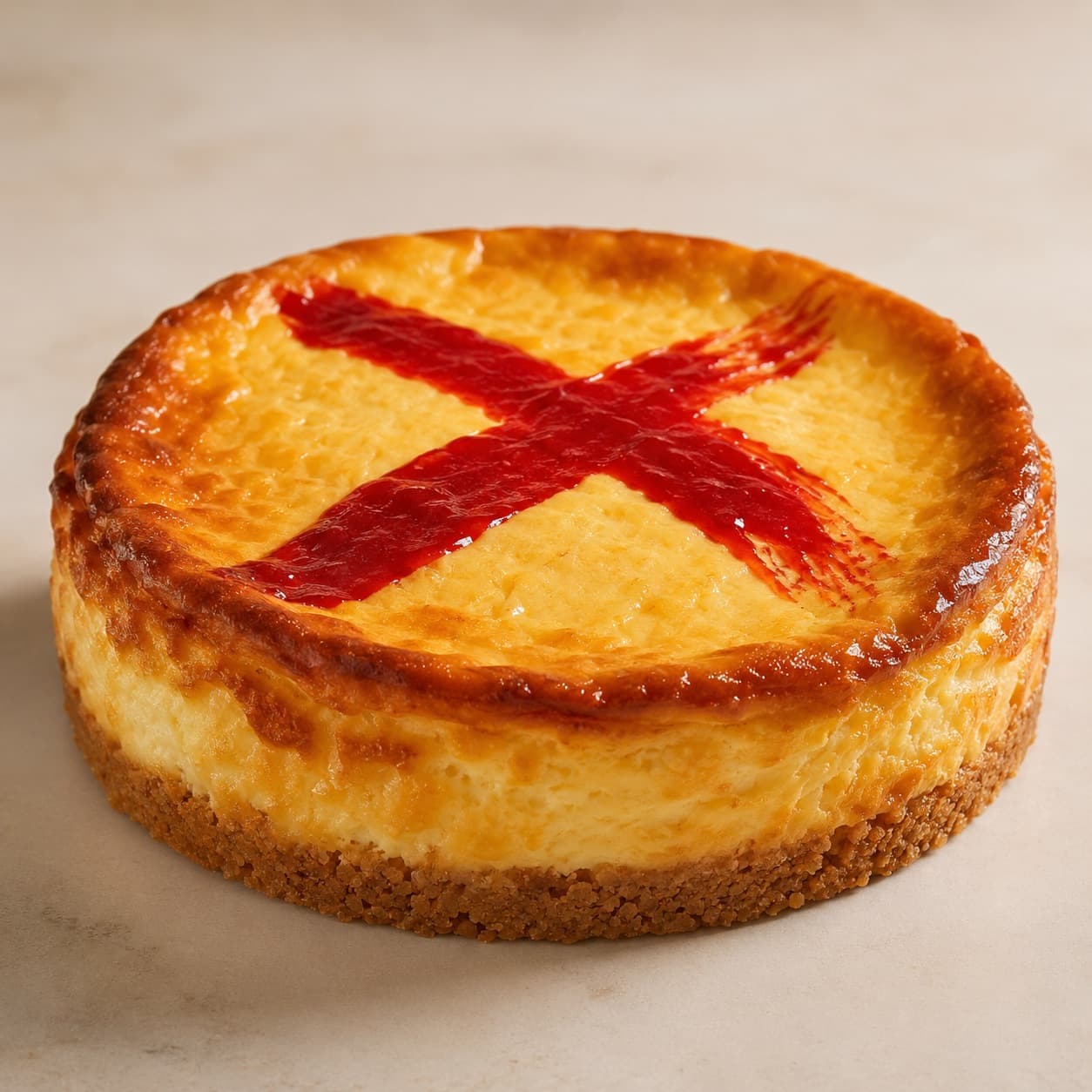 Tarta de queso Quexo clásica con la X de mermelada de fresa